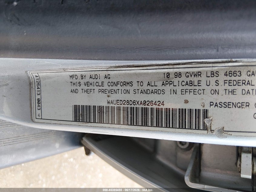 1999 Audi A4 VIN WAUED28D6XA026424 IAAI salvage auction — LEFT & RIGHT, Clear (New Jersey), sold $450 on 2026-07-13 (photo 9)