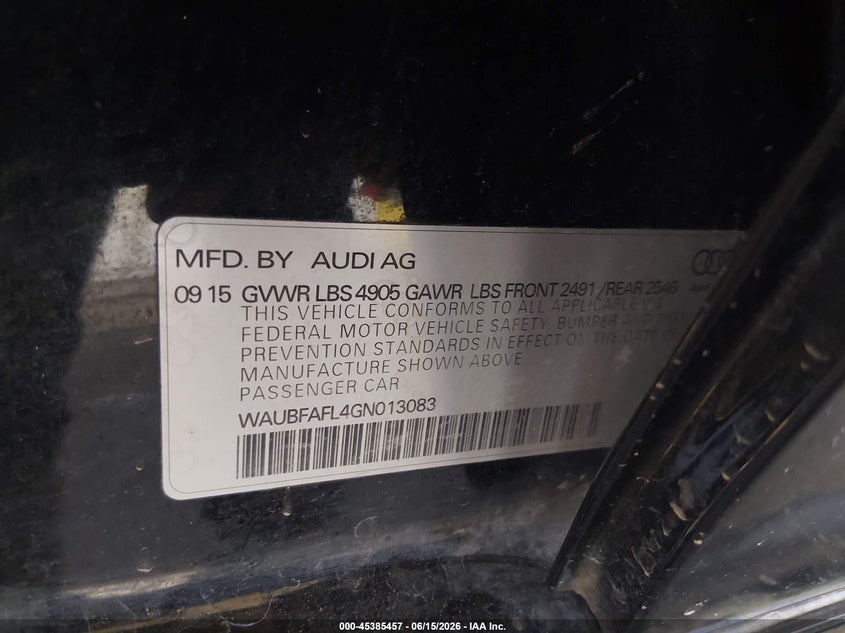 2016 Audi A4 VIN WAUBFAFL4GN013083 IAAI salvage auction — FRONT & REAR, Salvage Title, sold $575 on 2026-07-28 (photo 9)