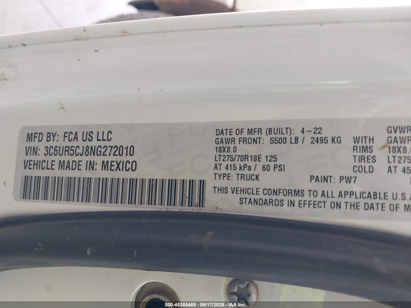 2022 Ram 2500 VIN 3C6UR5CJ8NG272010 IAAI salvage auction — RIGHT SIDE, Clear (North Dakota), sold $10,450 on 2026-07-30 (photo 9)