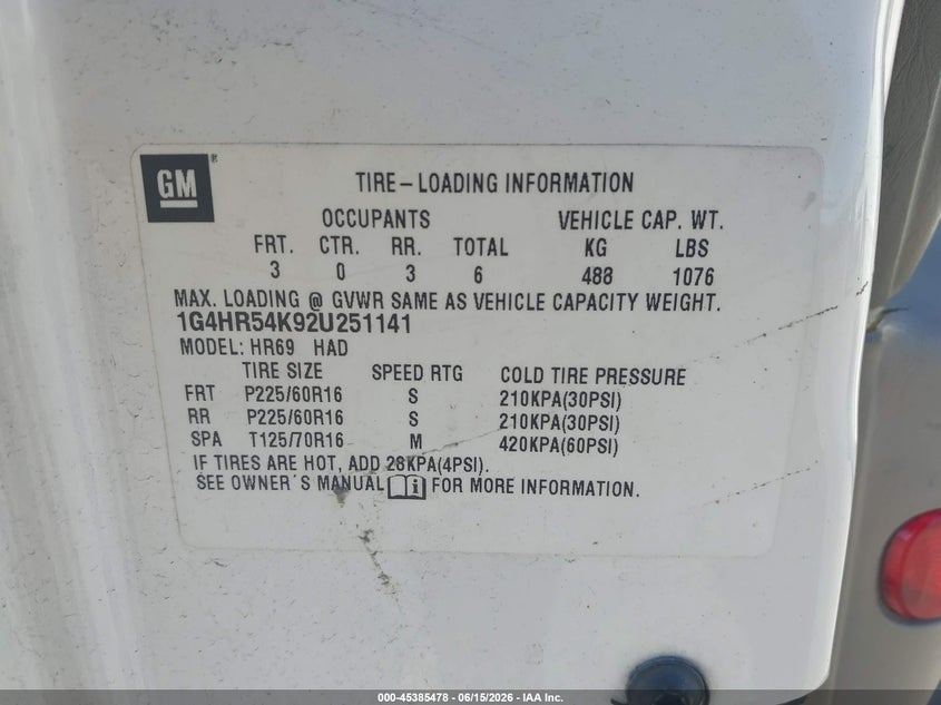 2002 Buick Lesabre VIN 1G4HR54K92U251141 IAAI salvage auction — NORMAL WEAR, Clear - Dealer Only (California), sold $200 on 2026-07-09 (photo 9)