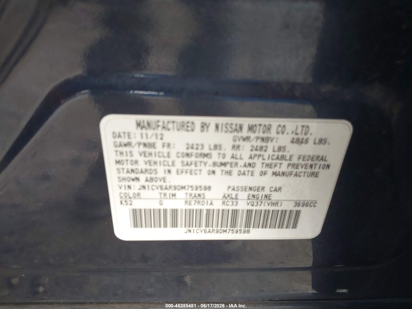 2013 Infiniti G VIN JN1CV6AR9DM759598 IAAI salvage auction — REAR END, Salvage (Pennsylvania), sold $1,200 on 2026-07-07 (photo 9)