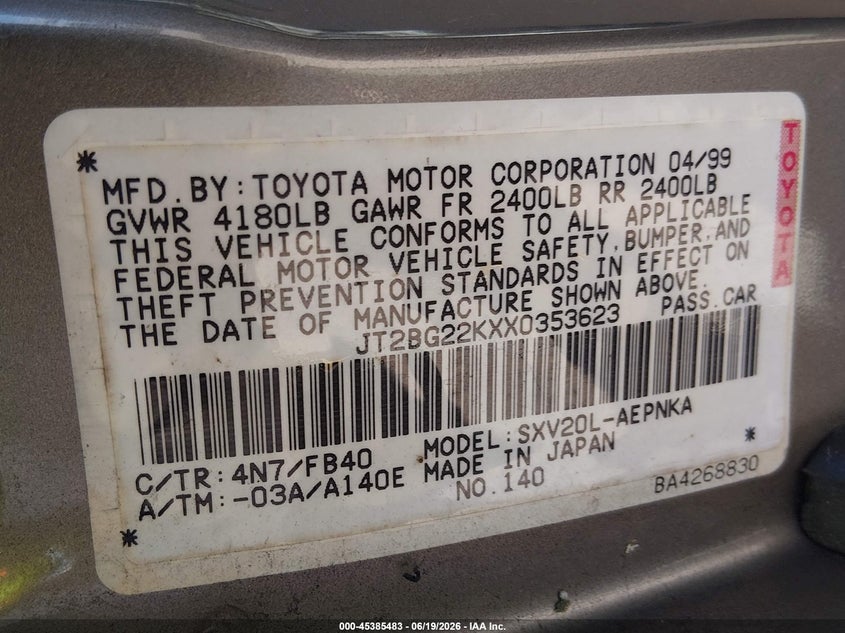 1999 Toyota Camry VIN JT2BG22KXX0353623 IAAI salvage auction — NORMAL WEAR, Clear (Washington), sold $300 on 2026-07-15 (photo 9)