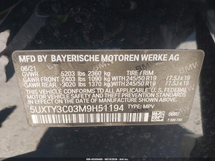 2021 BMW X3 VIN 5UXTY3C03M9H51194 IAAI salvage auction — FRONT END, Salvage (California), sold $8,800 on 2026-07-10 (photo 9)