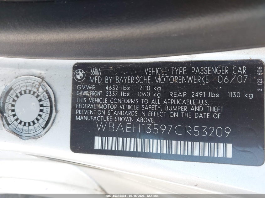 2007 BMW 6 series VIN WBAEH13597CR53209 IAAI salvage auction — NORMAL WEAR, Clear - Dealer Only (California), sold $550 on 2026-07-21 (photo 9)