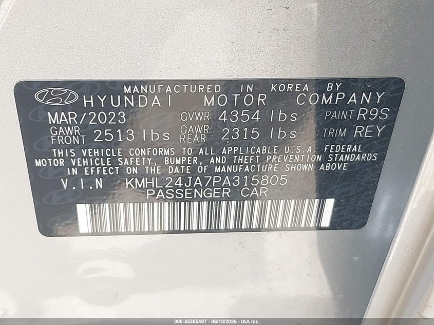 2023 Hyundai Sonata VIN KMHL24JA7PA315805 IAAI salvage auction — HAIL, Original (Texas), sold $5,600 on 2026-08-01 (photo 9)