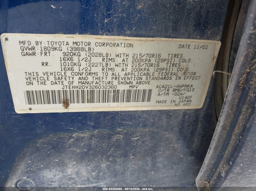 2002 Toyota Rav4 VIN JTEHH20V326032360 IAAI salvage auction — NORMAL WEAR, Clear (Florida), sold $575 on 2026-07-16 (photo 9)