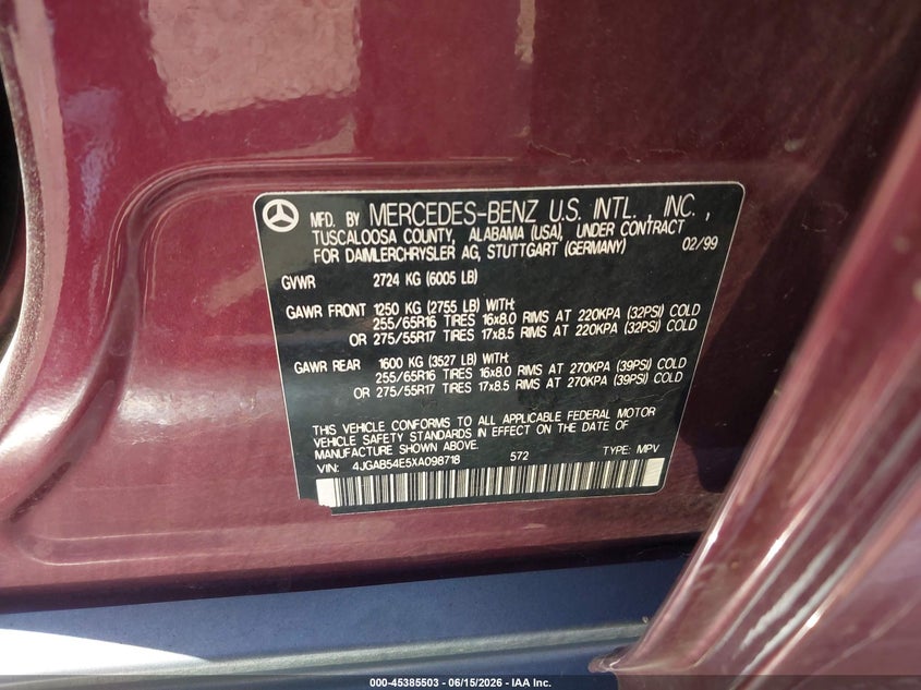 1999 Mercedes-benz M-klasse VIN 4JGAB54E5XA098718 IAAI salvage auction — FRONT END, Clear (Montana), sold $400 on 2026-08-06 (photo 9)