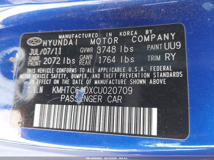 2012 Hyundai Veloster VIN KMHTC6ADXCU020709 IAAI salvage auction — NORMAL WEAR, Repossession Paperwork (Georgia), sold $1,200 on 2026-07-16 (photo 9)