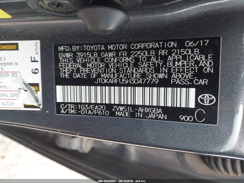 2017 Toyota Prius VIN JTDKARFU5H3047779 IAAI salvage auction — SIDE, Original (Texas), sold $5,550 on 2026-07-20 (photo 9)