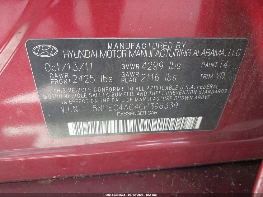2012 Hyundai Sonata VIN 5NPEC4AC4CH396339 IAAI salvage auction — NORMAL WEAR, Clear (Florida), sold $850 on 2026-07-20 (photo 9)