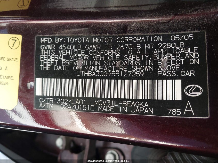 2005 Lexus ES VIN JTHBA30G955127259 IAAI salvage auction — RIGHT FRONT, Salvage (California), sold $1,050 on 2026-07-09 (photo 9)