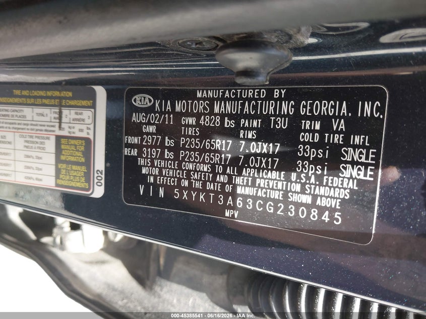 2012 Kia Sorento VIN 5XYKT3A63CG230845 IAAI salvage auction — FRONT END, Salvage (South Carolina), sold $175 on 2026-07-28 (photo 9)