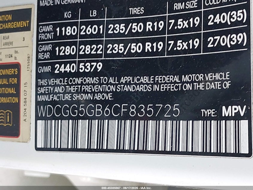 2012 Mercedes-benz Glk-klasse VIN WDCGG5GB6CF835725 IAAI salvage auction — REAR END, Original (Texas), sold $2,200 on 2026-08-13 (photo 9)
