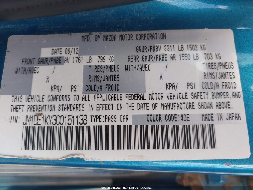 2012 Mazda 2 VIN JM1DE1KY3C0151138 IAAI salvage auction — RIGHT FRONT, Original (Ohio), sold $375 on 2026-07-14 (photo 9)