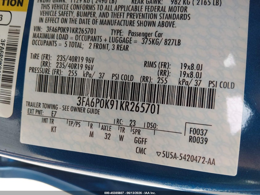 2019 Ford Fusion VIN 3FA6P0K91KR265701 IAAI salvage auction — HAIL, Salvage Title, sold $7,400 on 2026-07-31 (photo 9)