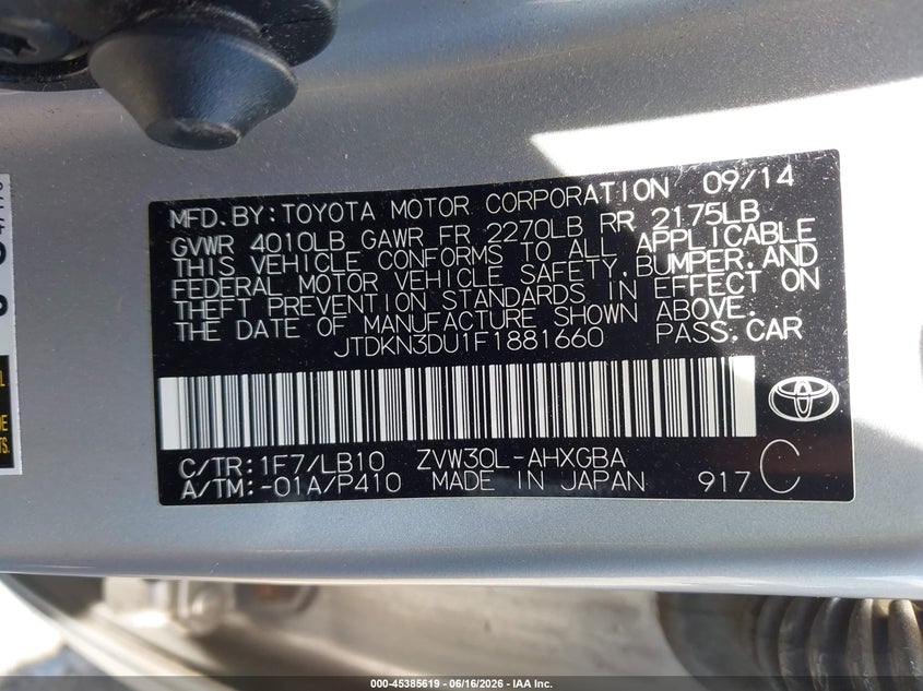 2015 Toyota Prius VIN JTDKN3DU1F1881660 IAAI salvage auction — FRONT END, Salvage (Idaho), sold $4,300 on 2026-07-16 (photo 9)