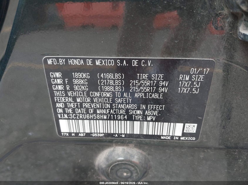 2017 Honda Hr-v VIN 3CZRU6H58HM711964 IAAI salvage auction — FRONT END, Salvage (Oregon), sold $5,400 on 2026-07-23 (photo 9)