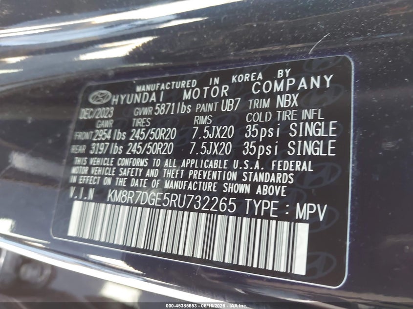 2024 Hyundai Palisade VIN KM8R7DGE5RU732265 IAAI salvage auction — FRONT END, Salvage (Iowa), sold $9,300 on 2026-07-28 (photo 9)