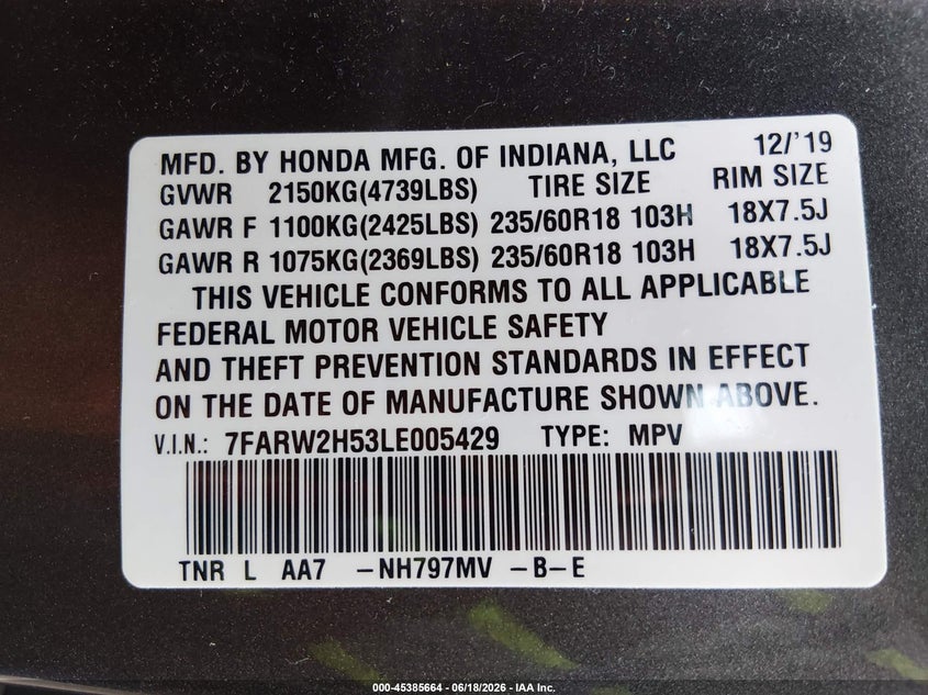 2020 Honda Cr-v VIN 7FARW2H53LE005429 IAAI salvage auction — HAIL, Salvage (Kansas), sold $12,775 on 2026-07-22 (photo 9)