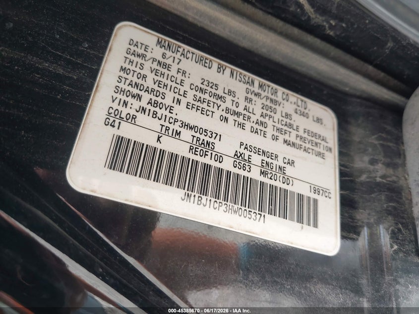 2017 Nissan VIN JN1BJ1CP3HW005371 IAAI salvage auction — VANDALISM, Salvage (North Carolina), sold $1,450 on 2026-07-21 (photo 9)