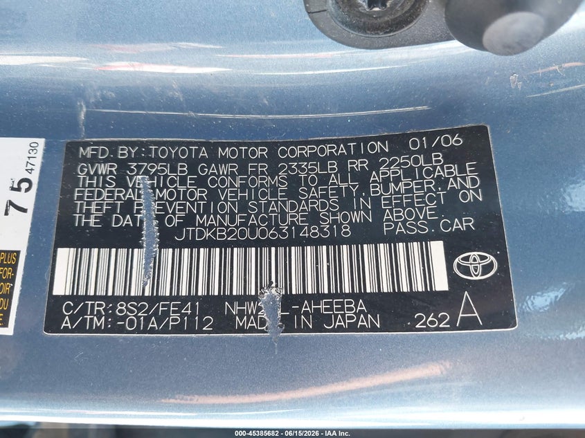 2006 Toyota Prius VIN JTDKB20U063148318 IAAI salvage auction — ROOF, Dealer (Iowa), sold $450 on 2026-07-07 (photo 9)