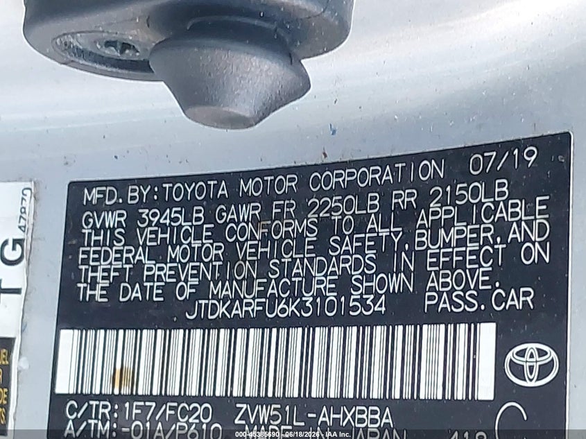 2019 Toyota Prius VIN JTDKARFU6K3101534 IAAI salvage auction — Hail, Clear, sold $5,000 on 2026-09-15 (photo 9)