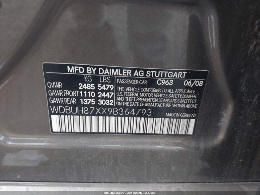 2009 Mercedes-benz E-klasse VIN WDBUH87XX9B364793 IAAI salvage auction — FRONT END, Salvage (Pennsylvania), sold $375 on 2026-07-10 (photo 9)