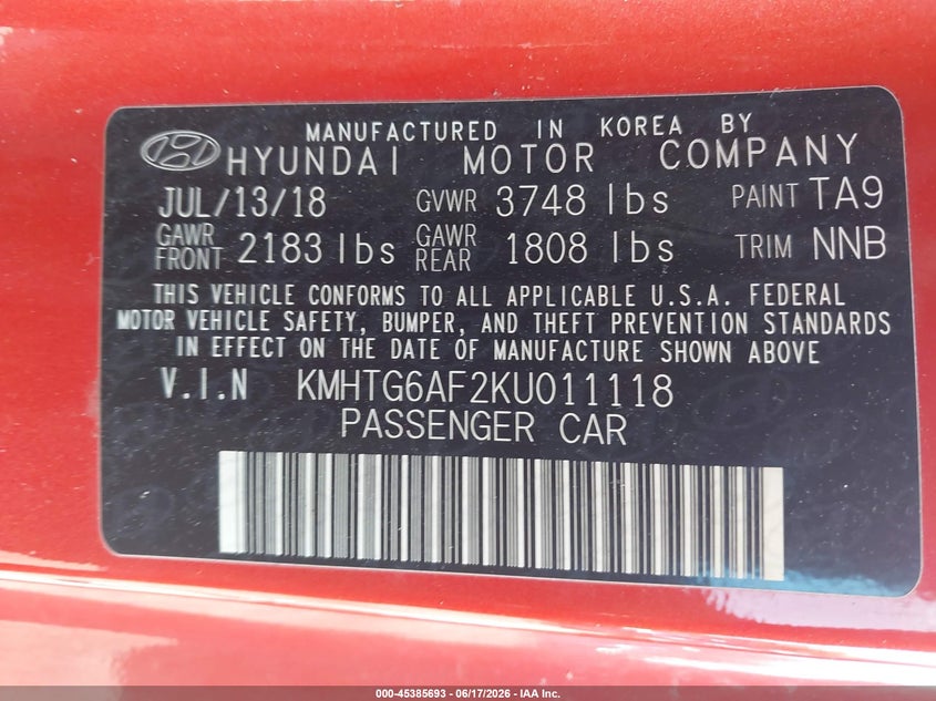 2019 Hyundai Veloster VIN KMHTG6AF2KU011118 IAAI salvage auction — FRONT END, Salvage (Connecticut), sold $1,650 on 2026-07-31 (photo 9)