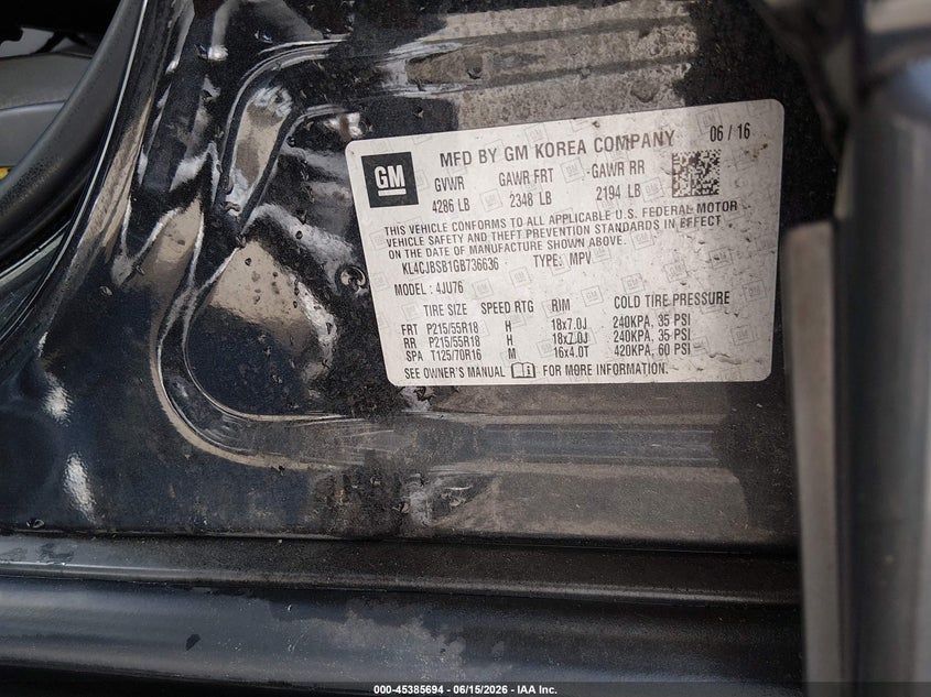 2016 Buick Encore VIN KL4CJBSB1GB736636 IAAI salvage auction — UNKNOWN, Salvage Title, sold $25 on 2026-07-23 (photo 9)