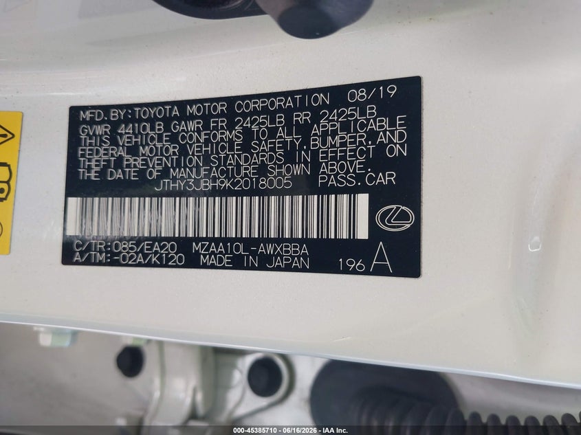 2019 Lexus Ux VIN JTHY3JBH9K2018005 IAAI salvage auction — FRONT & REAR, Salvage Certificate (California), sold $2,850 on 2026-07-12 (photo 9)