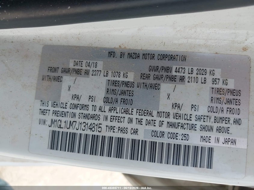 2018 Mazda 6 VIN JM1GL1UM7J1314815 IAAI salvage auction — ALL OVER, Non-Repairable (Texas), sold $200 on 2026-07-16 (photo 9)