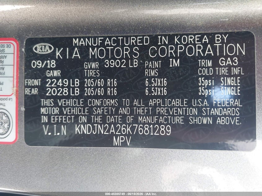 2019 Kia Soul VIN KNDJN2A26K7681289 IAAI salvage auction — NORMAL WEAR, Clear (Tennessee), sold $900 on 2026-07-15 (photo 9)