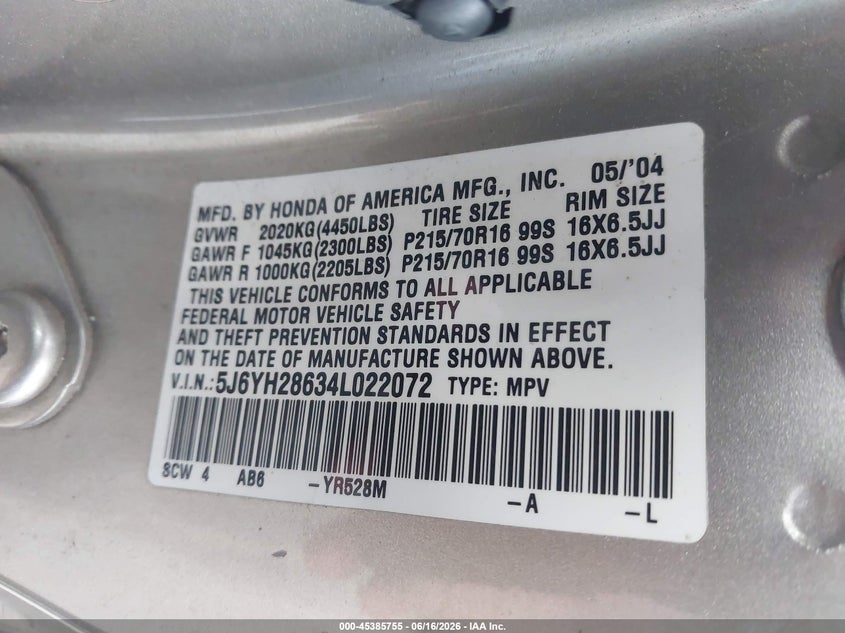 2004 Honda Element VIN 5J6YH28634L022072 IAAI salvage auction — FRONT END, Salvage (Louisiana), sold $600 on 2026-07-09 (photo 9)
