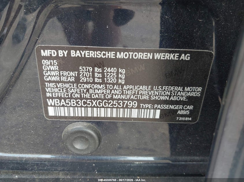 2016 BMW 5er VIN WBA5B3C5XGG253799 IAAI salvage auction — FRONT END, Salvage Title, sold $4,100 on 2026-08-19 (photo 9)
