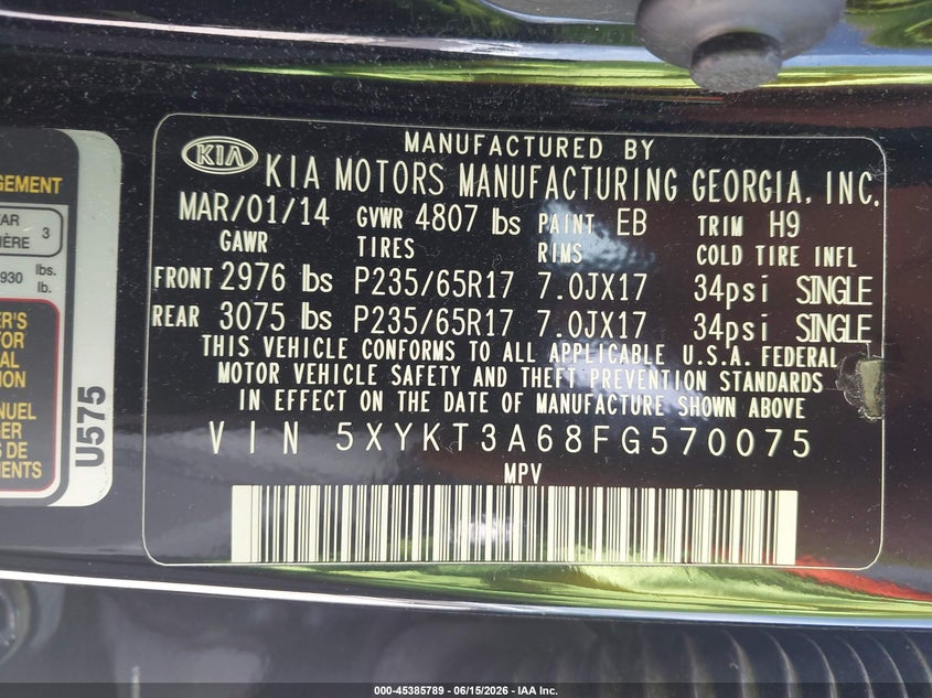 2015 Kia Sorento VIN 5XYKT3A68FG570075 IAAI salvage auction — RIGHT REAR, Junk Bill Of Sale Mv2459 (Wisconsin), sold $1,100 on 2026-07-08 (photo 9)