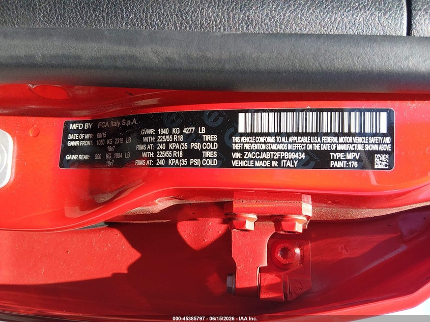 2015 Jeep Renegade VIN ZACCJABT2FPB99434 IAAI salvage auction — REAR END, Clear (Arkansas), sold $700 on 2026-08-05 (photo 9)