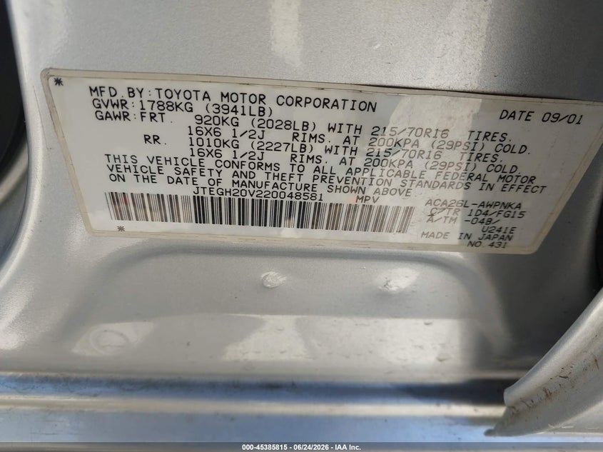 2002 Toyota Rav 4 VIN JTEGH20V220048581 IAAI salvage auction — NORMAL WEAR, Clear - Dealer Only (California), sold $875 on 2026-07-09 (photo 9)