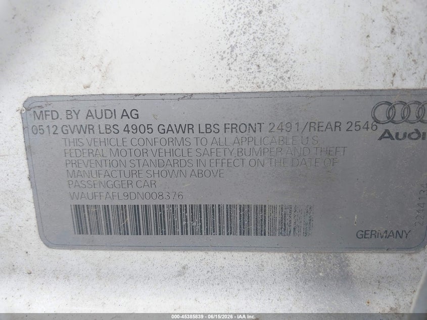 2013 Audi A4 VIN WAUFFAFL9DN008376 IAAI salvage auction — FRONT END, Clear (Rhode Island), sold $475 on 2026-07-10 (photo 9)