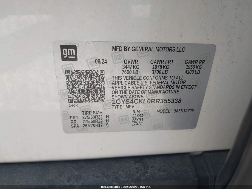 2024 Cadillac Escalade VIN 1GYS4CKL0RR355338 IAAI salvage auction — REAR END, Salvage (Indiana), sold $40,250 on 2026-07-12 (photo 9)
