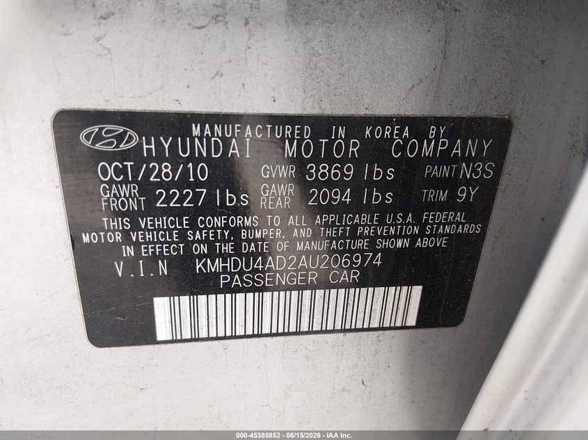 2010 Hyundai Elantra VIN KMHDU4AD2AU206974 IAAI salvage auction — NORMAL WEAR, Rebuilt-Non-Public (Washington), sold $400 on 2026-07-15 (photo 9)