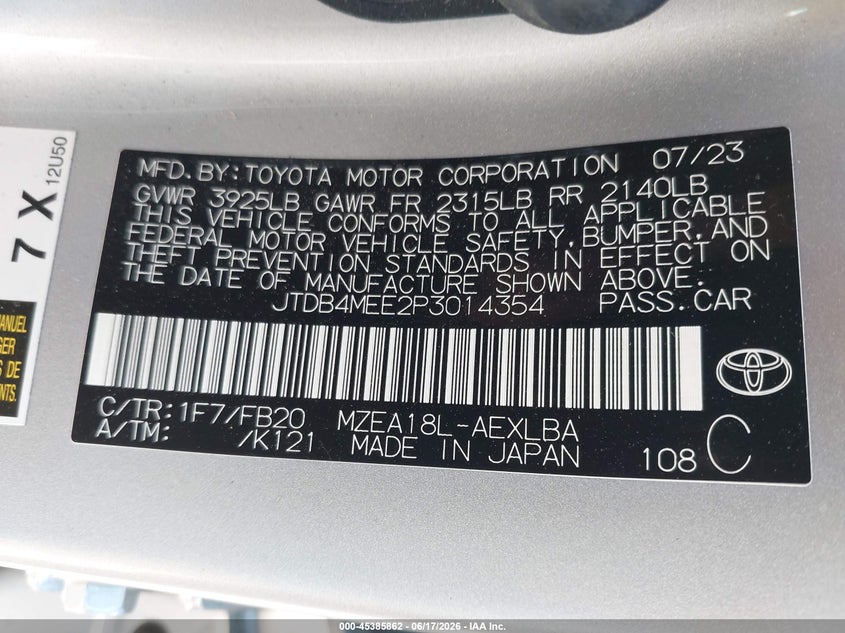 2023 Toyota Corolla VIN JTDB4MEE2P3014354 IAAI salvage auction — REAR END, Salvage - Greater Than 75% (Maryland), sold $5,700 on 2026-07-29 (photo 9)