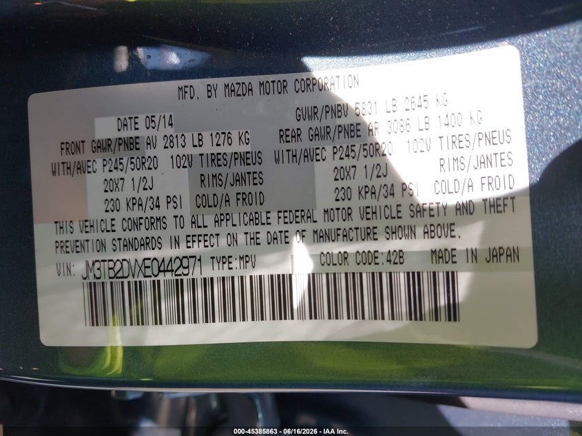 2014 Mazda Cx-9 VIN JM3TB2DVXE0442971 IAAI salvage auction — RIGHT FRONT, Salvage (California), sold $2,150 on 2026-07-07 (photo 9)