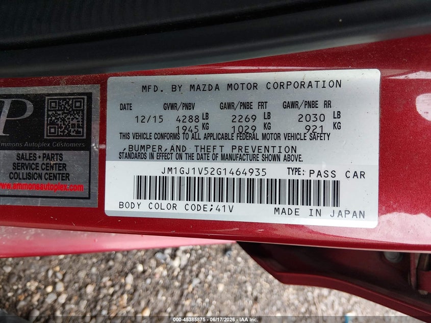 2016 Mazda 6 VIN JM1GJ1V52G1464935 IAAI salvage auction — FRONT END, Salvage (Louisiana), sold $125 on 2026-07-08 (photo 9)