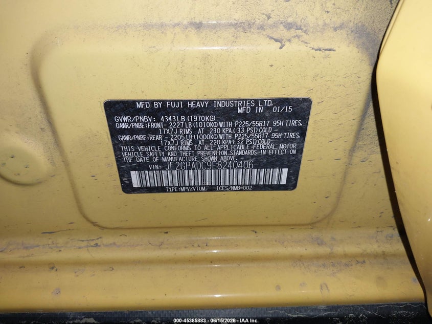 2015 Subaru Xv VIN JF2GPADC9F8240406 IAAI salvage auction — NORMAL WEAR, Clear (Pennsylvania), sold $475 on 2026-07-23 (photo 9)