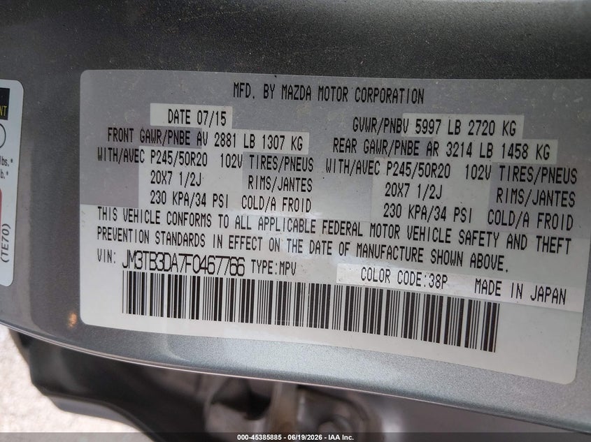 2015 Mazda Cx-9 VIN JM3TB3DA7F0467766 IAAI salvage auction — NORMAL WEAR, Salvage (Idaho), sold $1,625 on 2026-07-09 (photo 9)