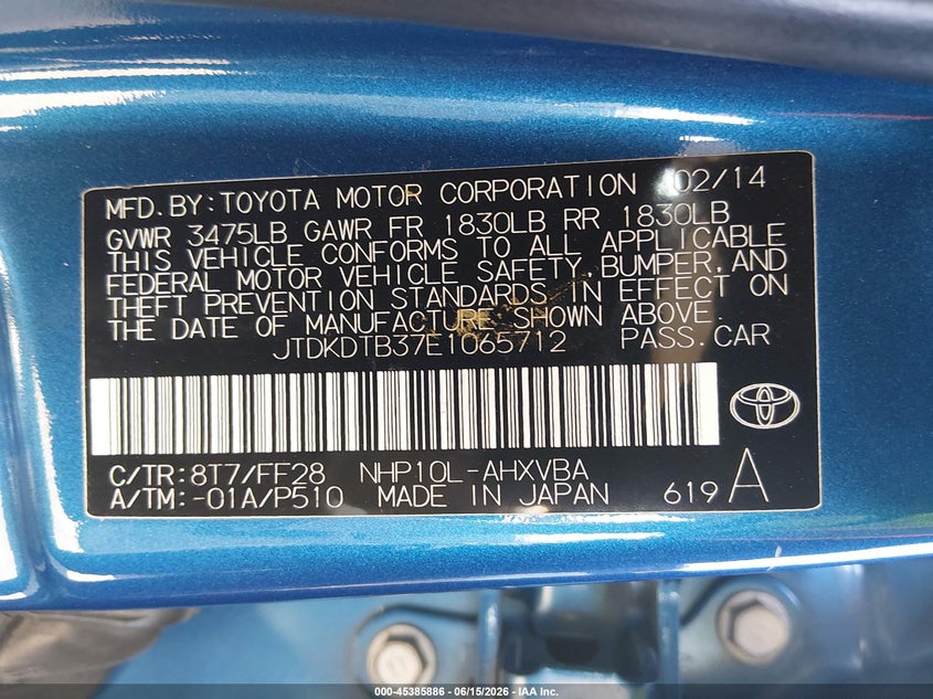 2014 Toyota Prius c VIN JTDKDTB37E1065712 IAAI salvage auction — REAR END, Salvage (Arizona), sold $1,550 on 2026-07-29 (photo 9)
