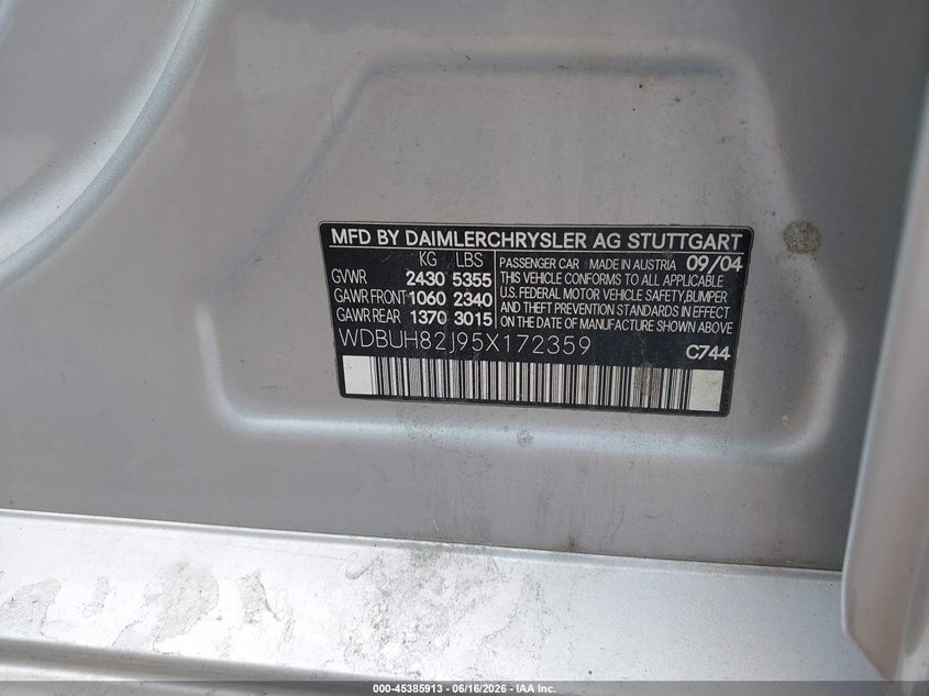 2005 Mercedes-benz E-class VIN WDBUH82J95X172359 IAAI salvage auction — NORMAL WEAR, Salvage (Texas), sold $300 on 2026-07-29 (photo 9)