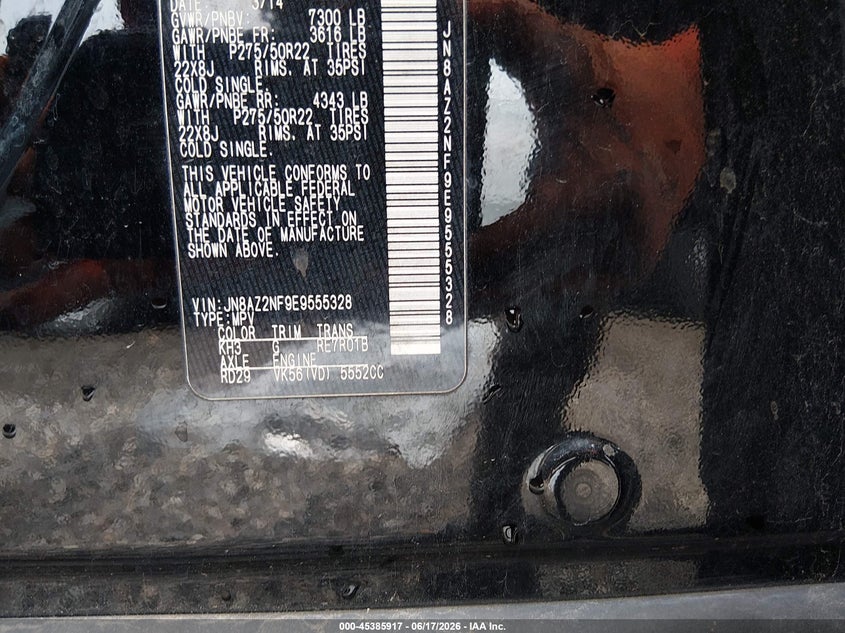 2014 Infiniti Qx80 VIN JN8AZ2NF9E9555328 IAAI salvage auction — REAR END, Salvage (Louisiana), sold $4,725 on 2026-07-22 (photo 9)