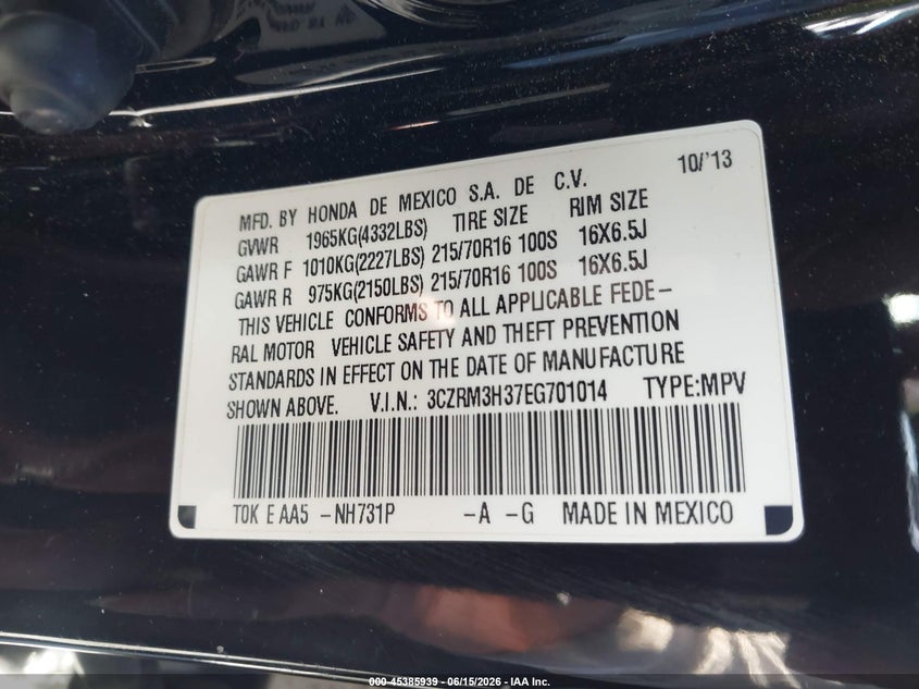 2014 Honda Cr-v VIN 3CZRM3H37EG701014 IAAI salvage auction — FRONT END, Salvage (California), sold $2,025 on 2026-07-09 (photo 9)