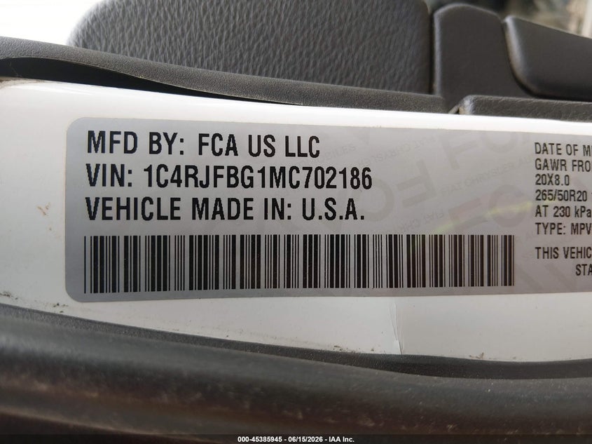 2021 Jeep Grand cherokee VIN 1C4RJFBG1MC702186 IAAI salvage auction — LEFT SIDE, Wait Title, sold $7,500 on 2026-08-27 (photo 9)